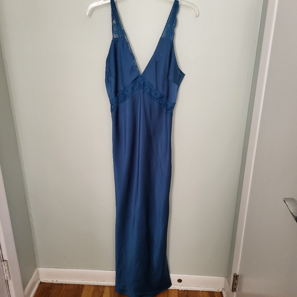 The Drop Valentina Lace Trimmed Slip Dress Small Blue Satiny Deep V Plunge